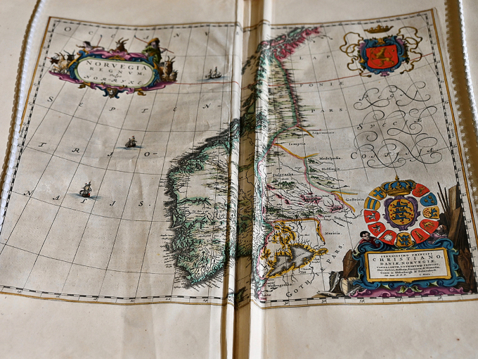 El mapa del cartógrafo holandés Johannes Blaeus del siglo XVII muestra el sur de Noruega en 1662. Foto: Sven Gj. Gjeruldsen, The Royal Court